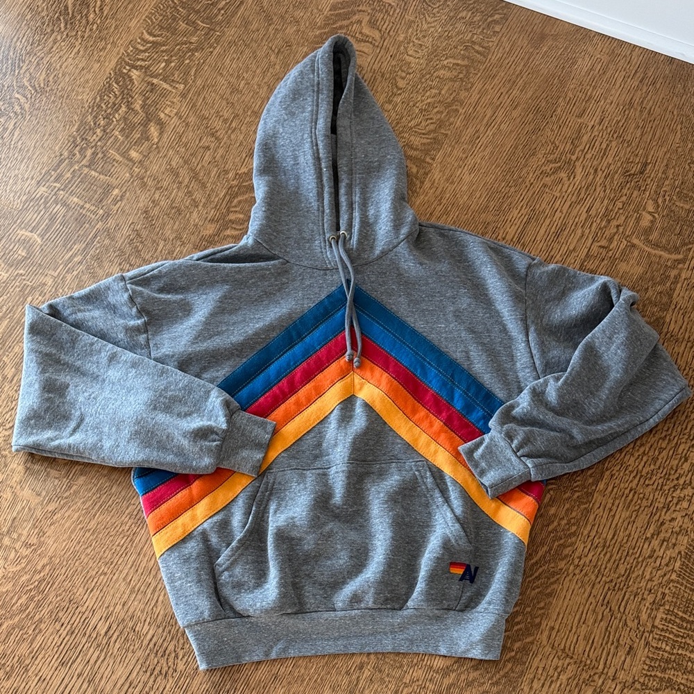 Aviator Nation Gray Hoodie with Colorful Chevron Stripes- worn once!